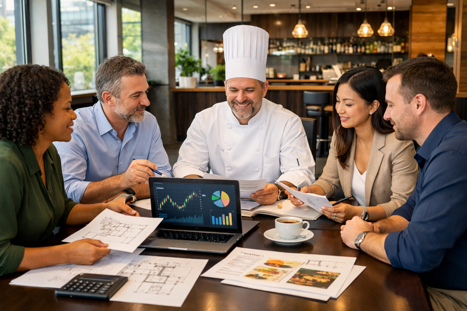 Restaurant consulting meeting with chef and financial advisors planning growth strategy