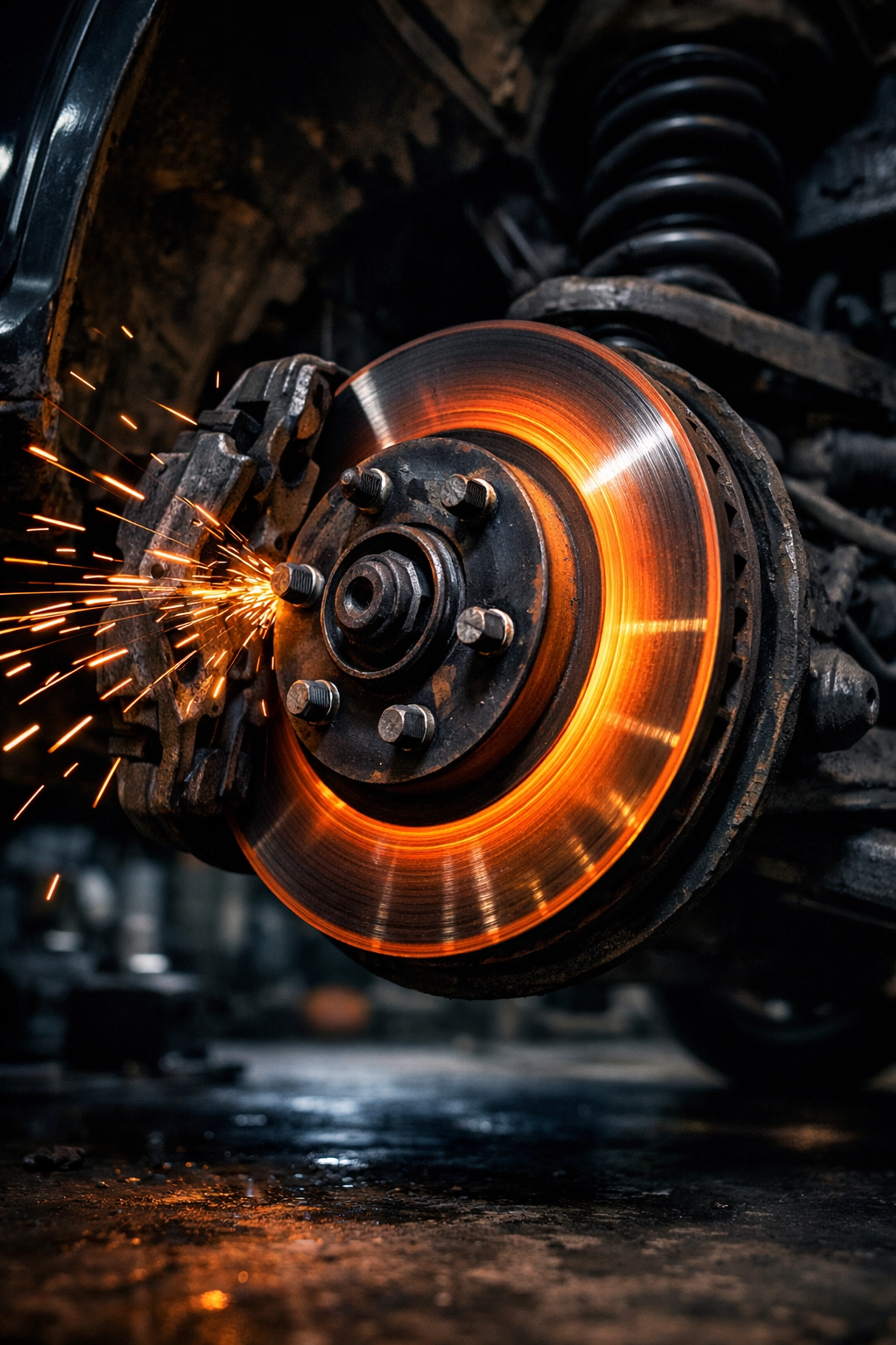 Close-up of a damaged, warped brake rotor glowing from excessive heat and friction.