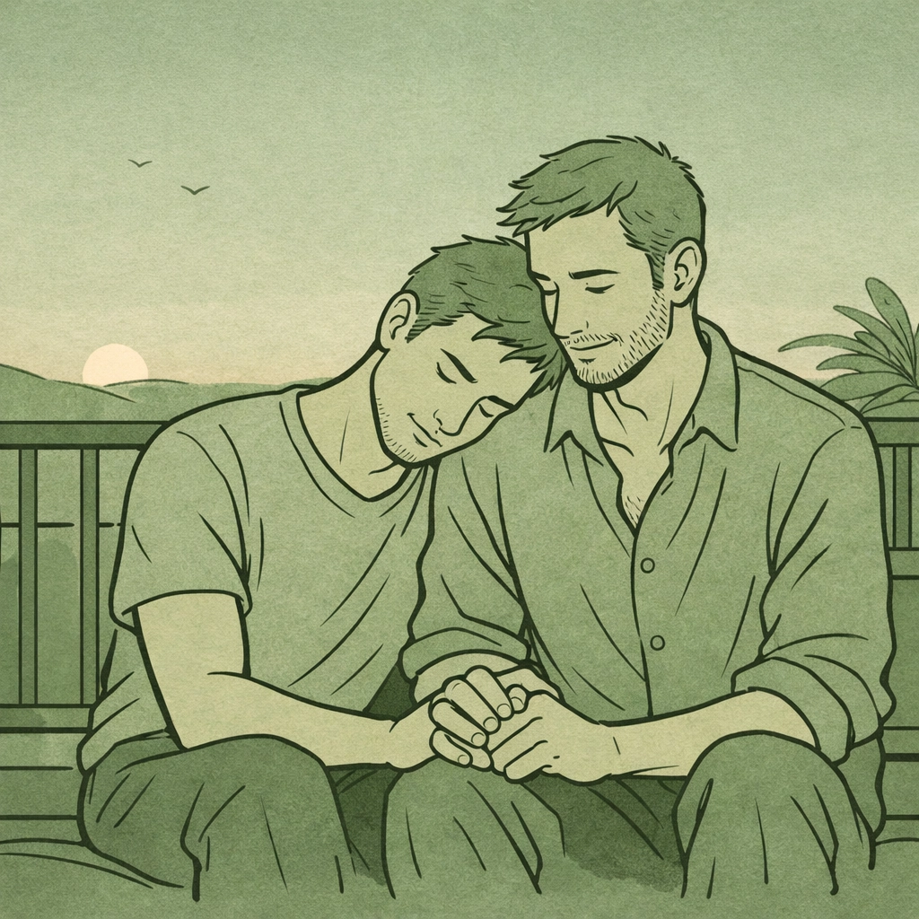 Two men in a moment of authentic emotional connection, illustrating the deep trust of a chosen family.