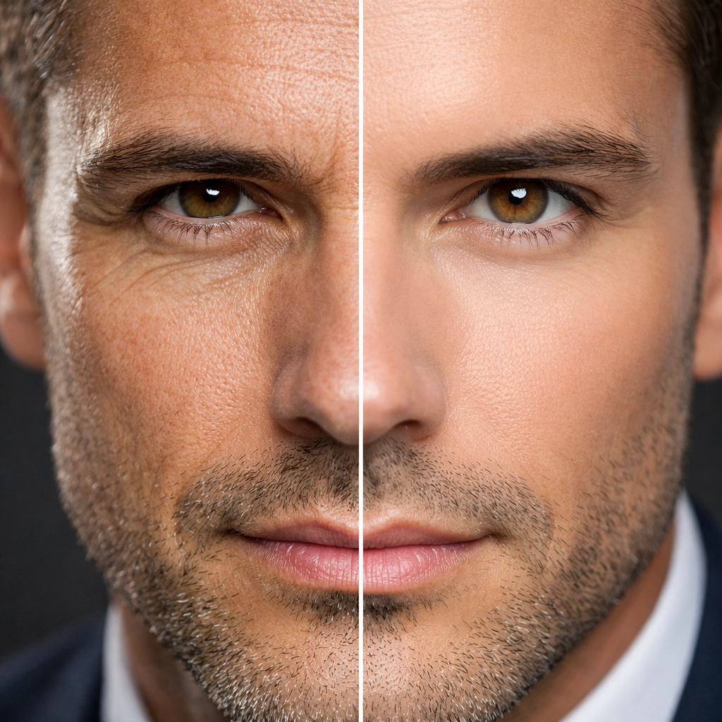 Comparison of natural professional corporate headshot retouching versus over-processed skin textures.