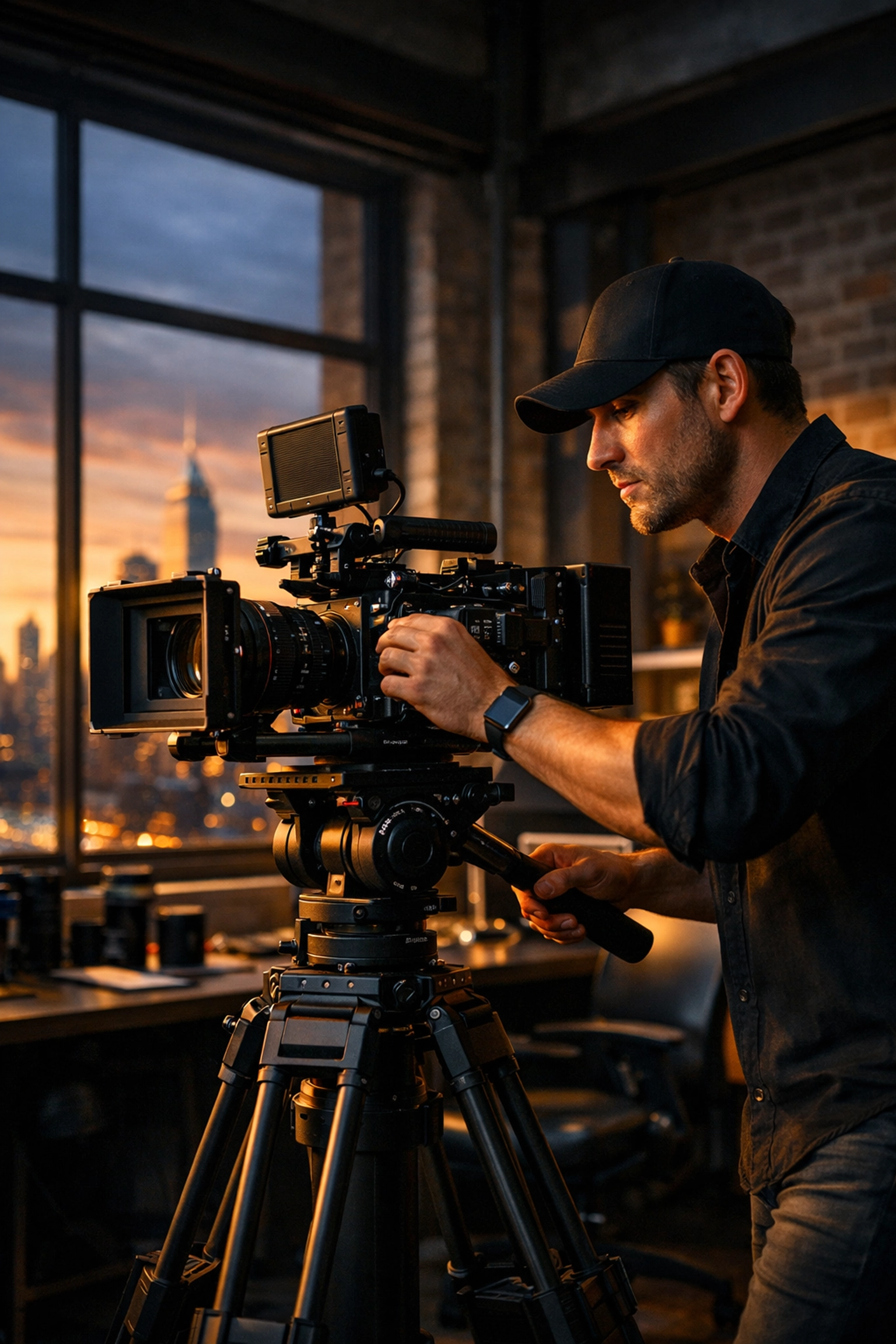 Professional videographer setting up a cinema camera for a high-end freelance project.