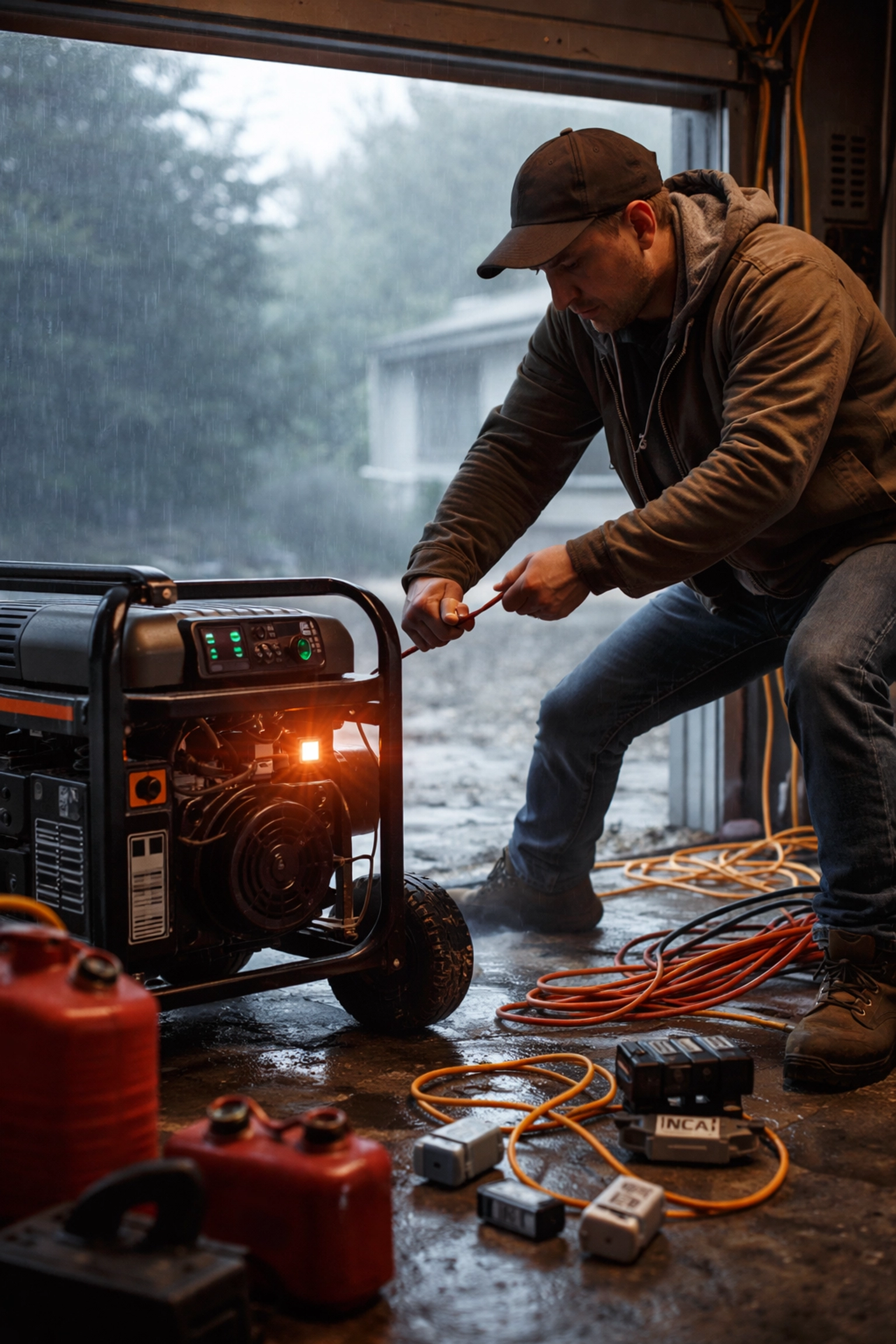 Man starting a portable generator in an American garage with fuel cans and cords, illustrating emergency setup