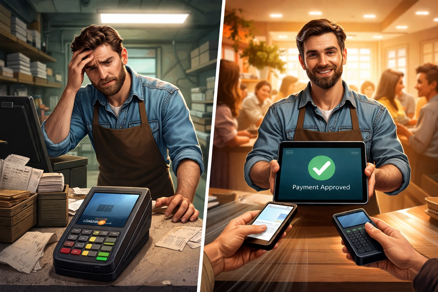 Split scene of small business payment processing showing fast crypto POS transactions with Larecoin vs slow legacy card terminal