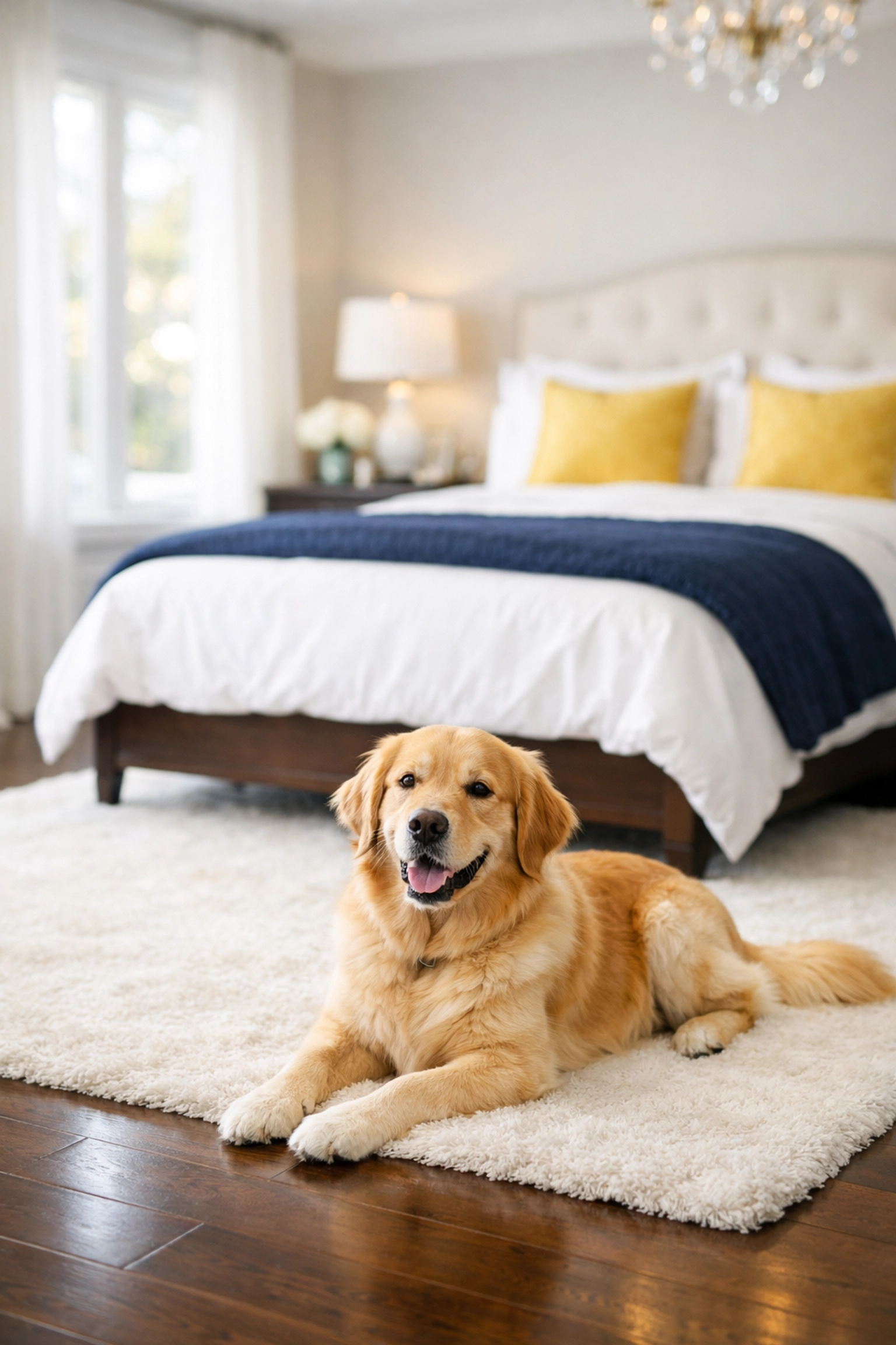 Clean master bedroom with a dog, highlighting pet-safe house cleaning in Foxborough by The Cleaning Ninjas Inc.