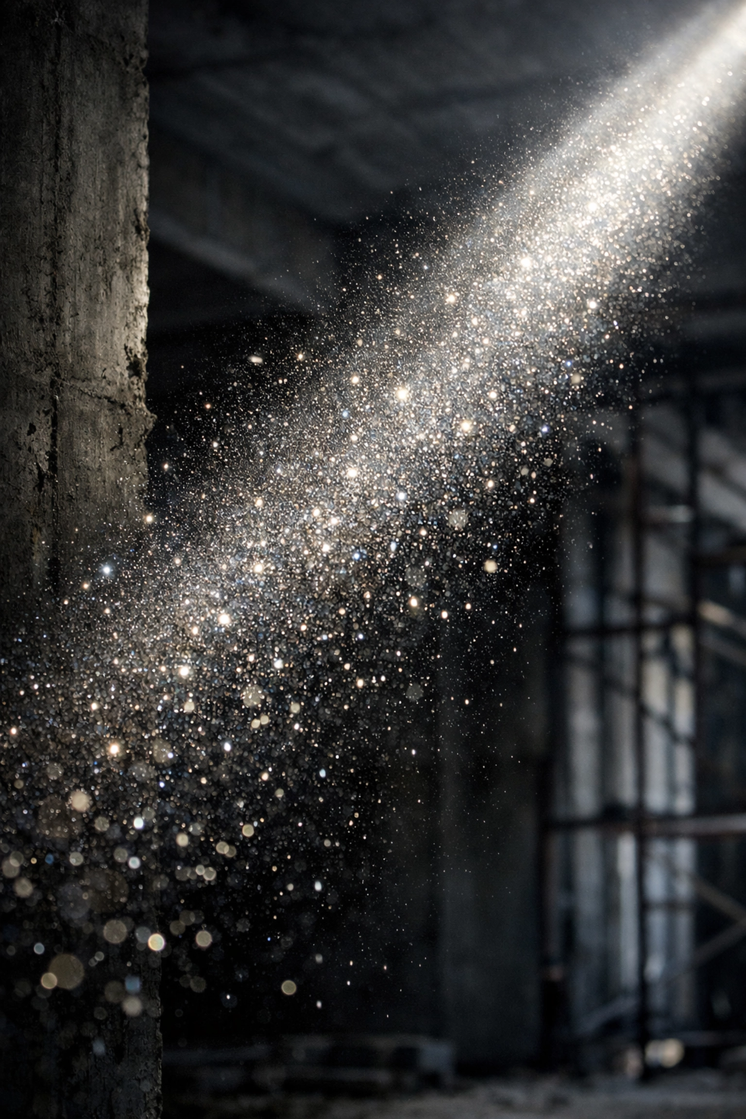 Sunlight illuminating floating silica and mineral dust particles in a construction site interior.