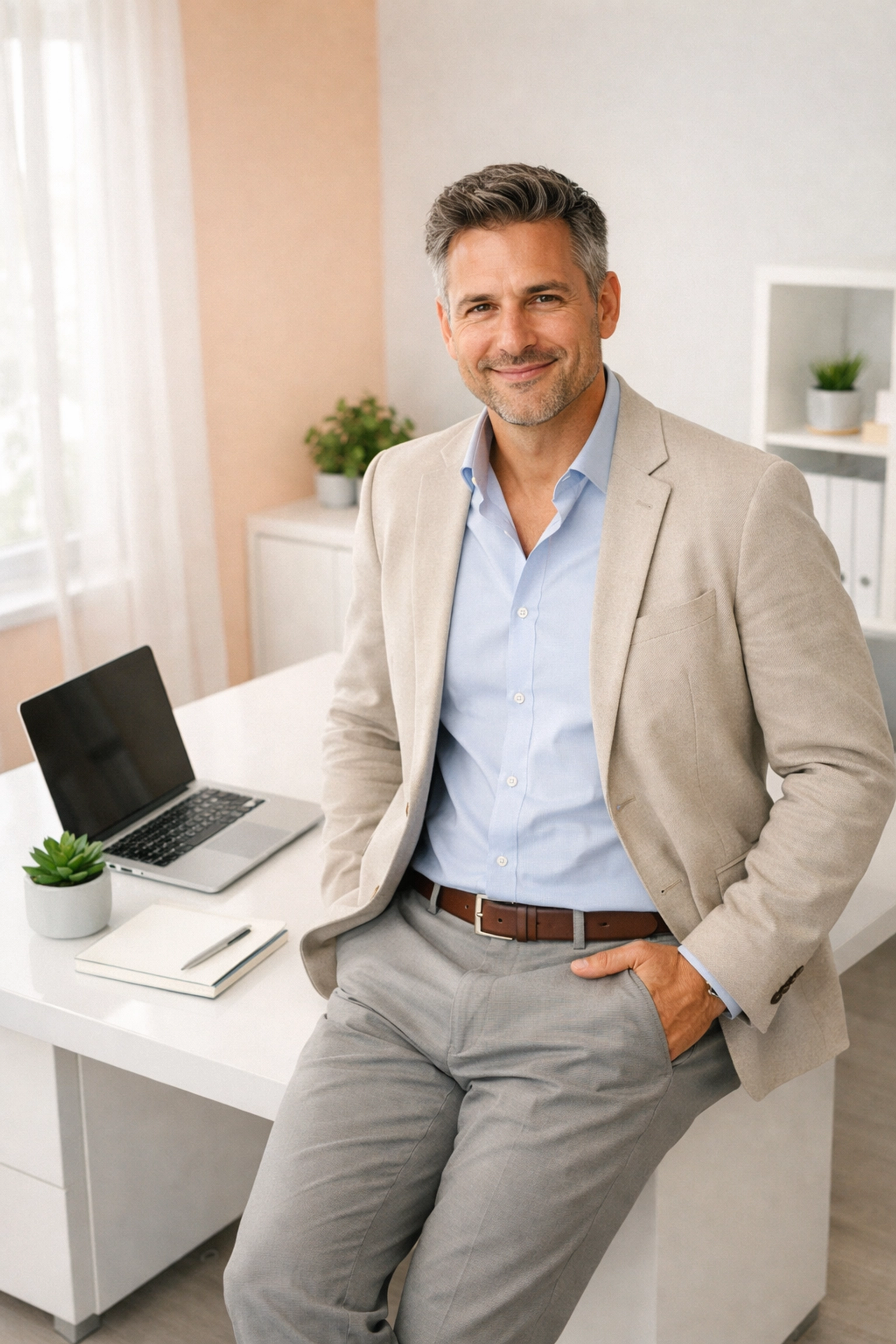 A business owner working at a polished, dust-free desk in a clean Cedar Falls office.
