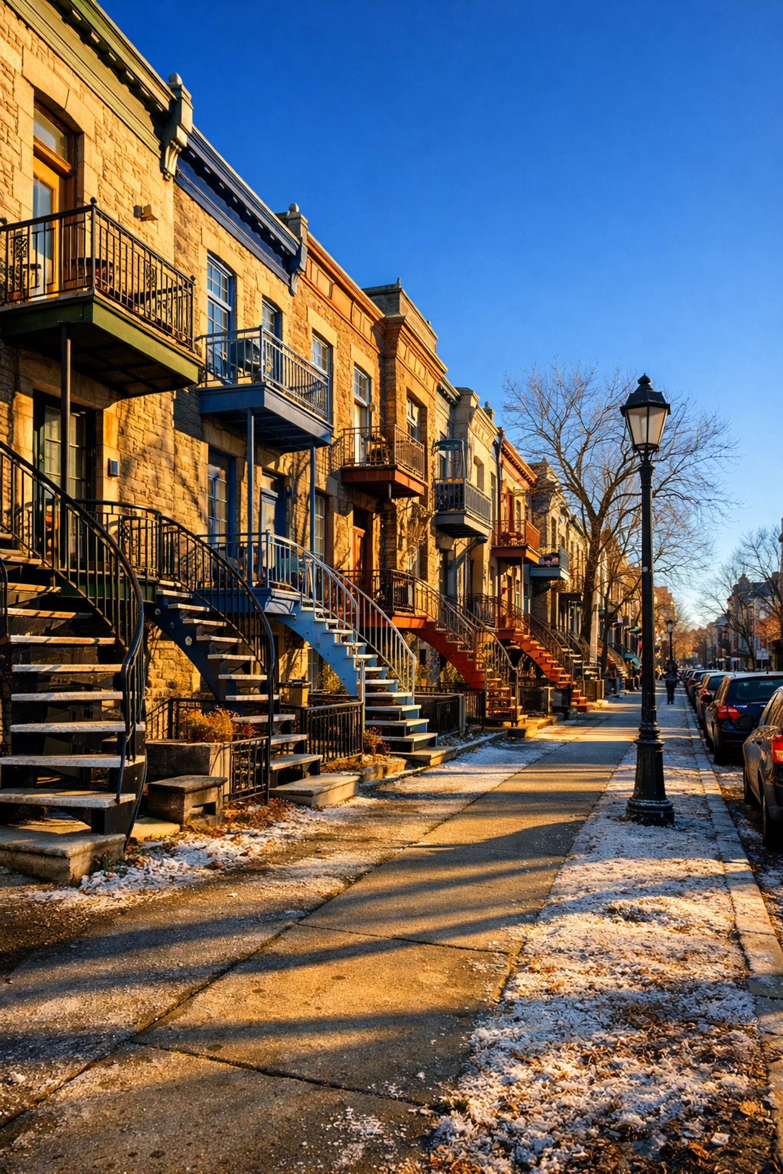 Sunny Montreal Plateau street with iconic spiral staircases on a cold winter morning.