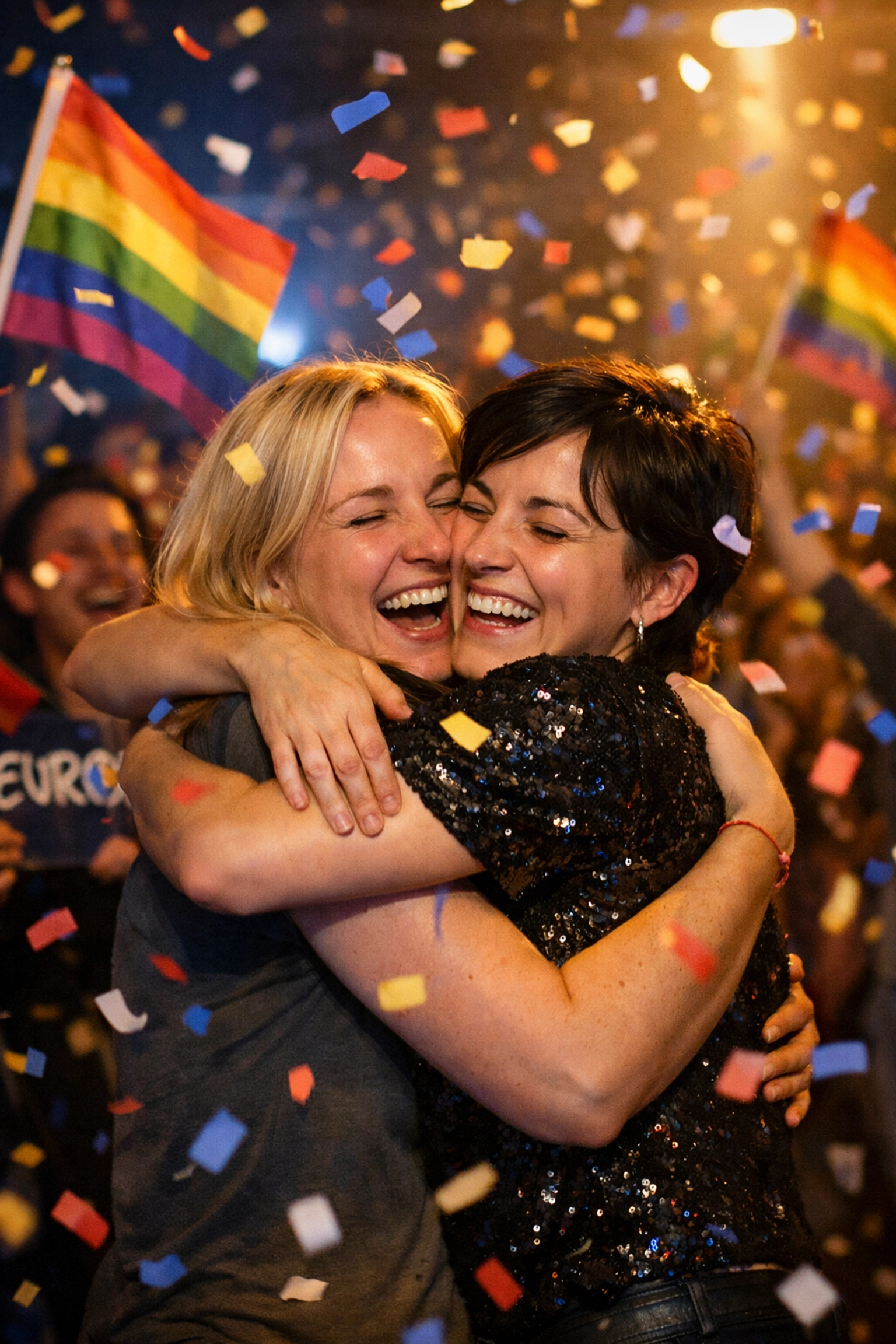 Queer women celebrating Eurovision victory with rainbow flags and joyful embrace