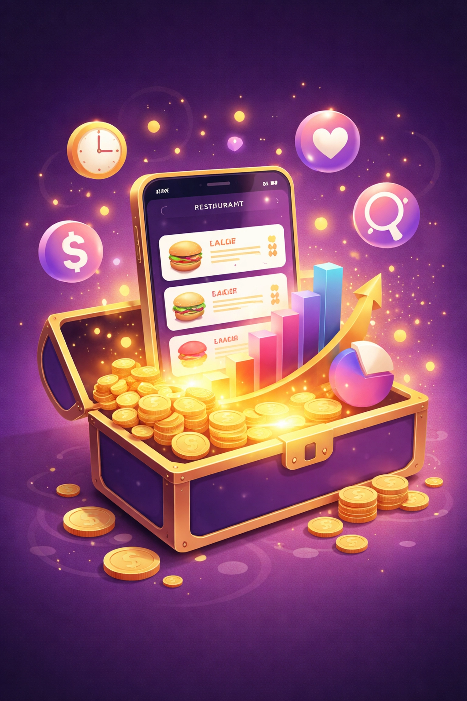Smartphone bursting with gold coins and charts, showing restaurant data potential of well-designed QR code menus
