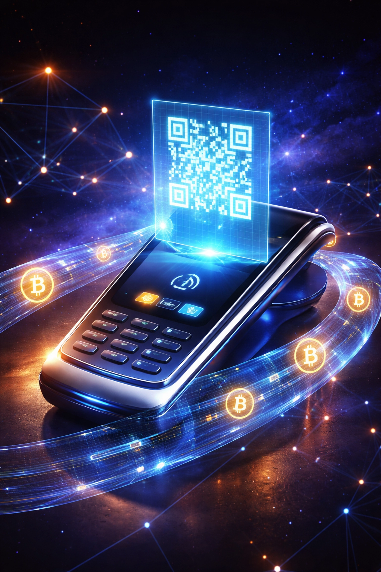 Futuristic crypto payment terminal displaying holographic QR codes, highlighting Larecoin’s fee-saving architecture.