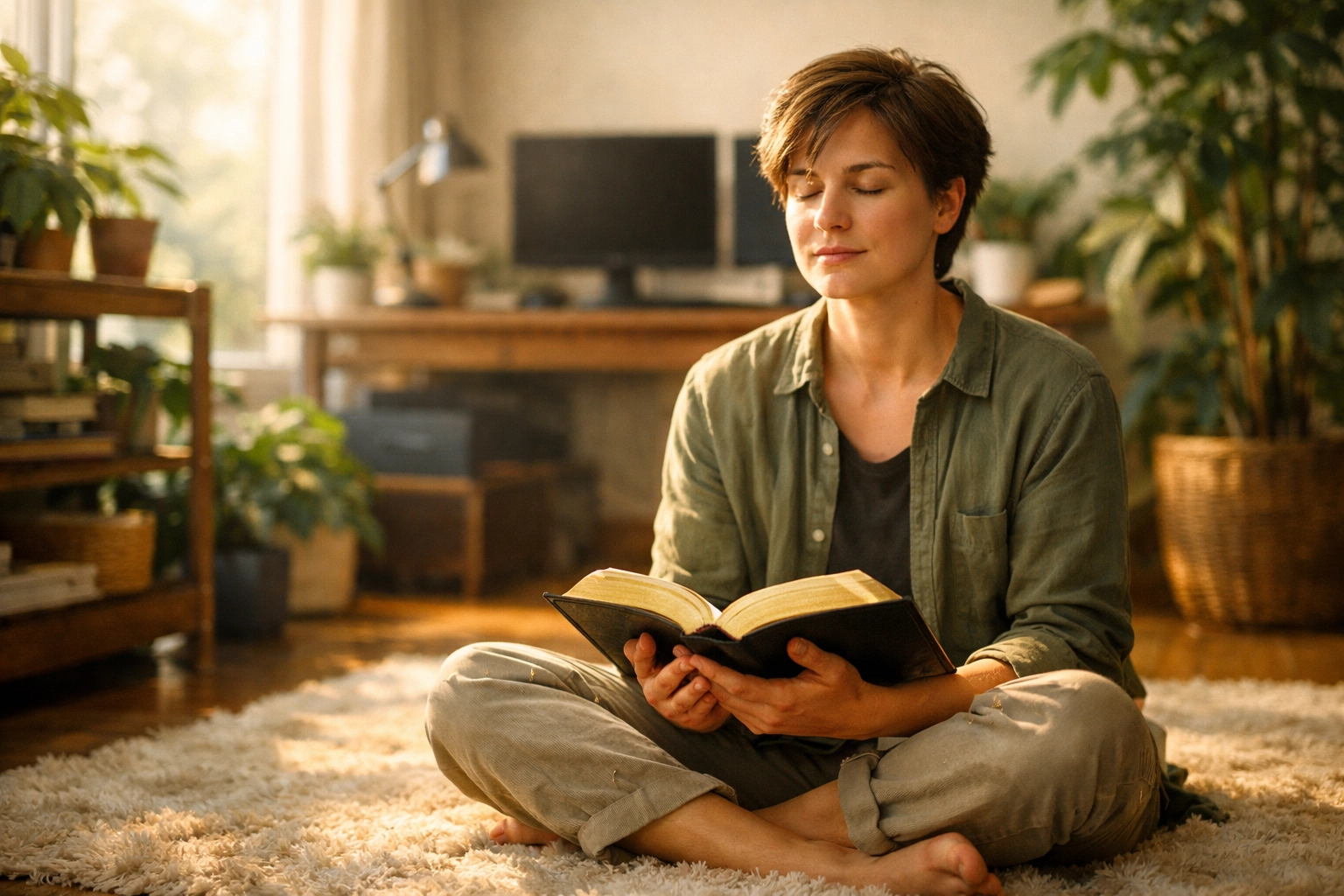 Person practicing daily bible verse meditation in a quiet, sunlit room for spiritual peace.
