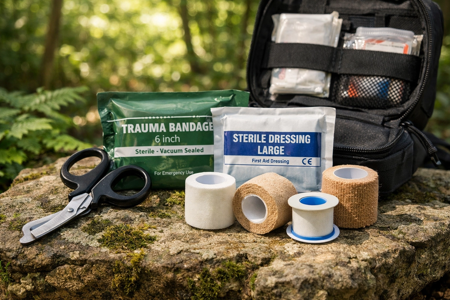 Survival first aid kit with shears and sterile dressings on a mossy rock in a lush UK forest setting.