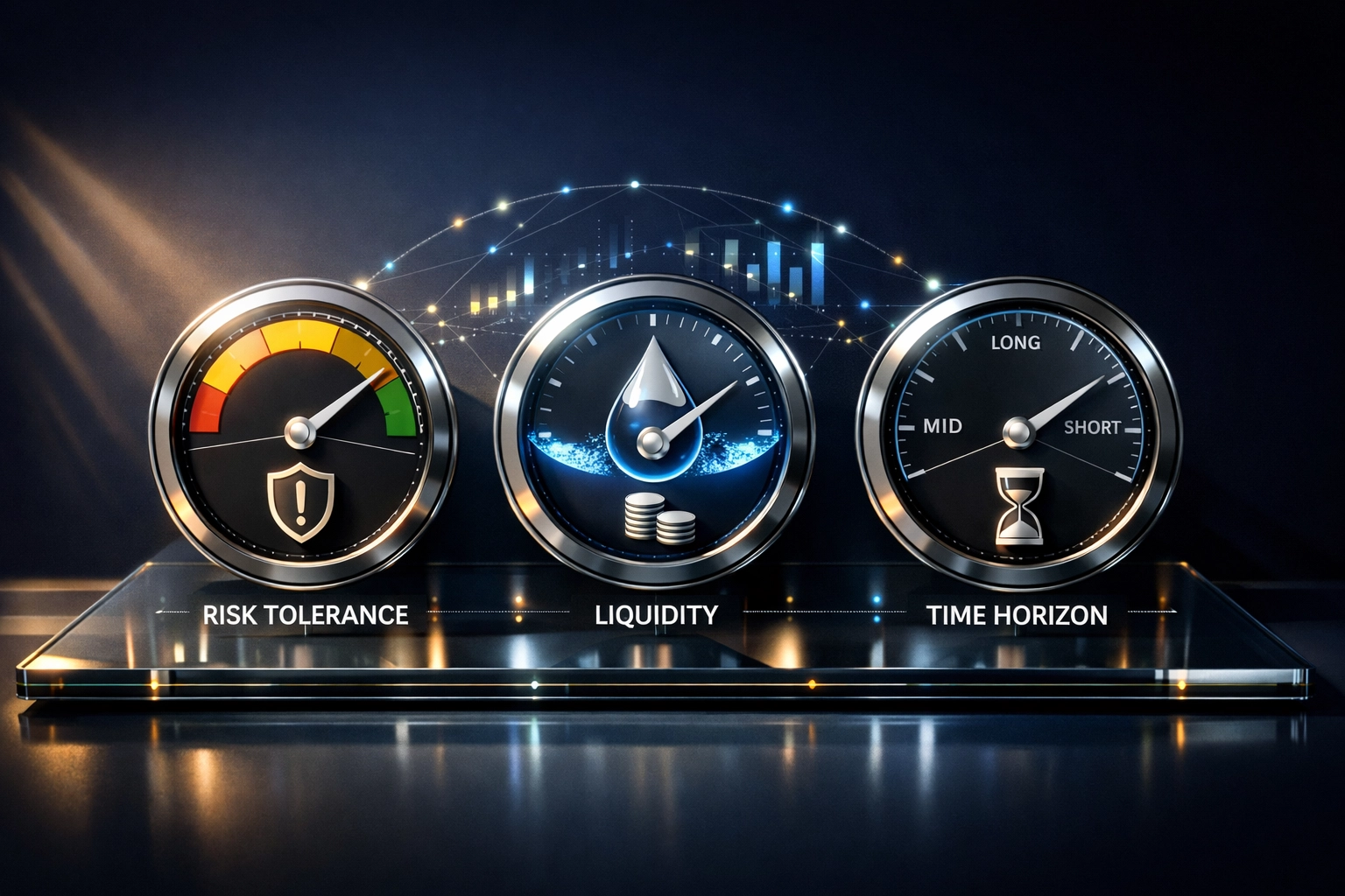 Financial dashboard showing risk tolerance, liquidity needs, and investment horizon for portfolio planning