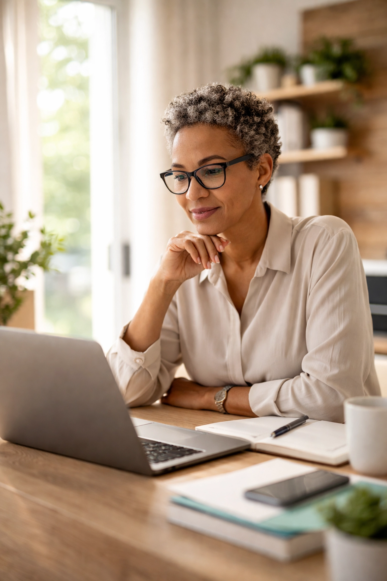 Middle-aged professional researching IUL insurance at a modern home office, feeling confident and informed.