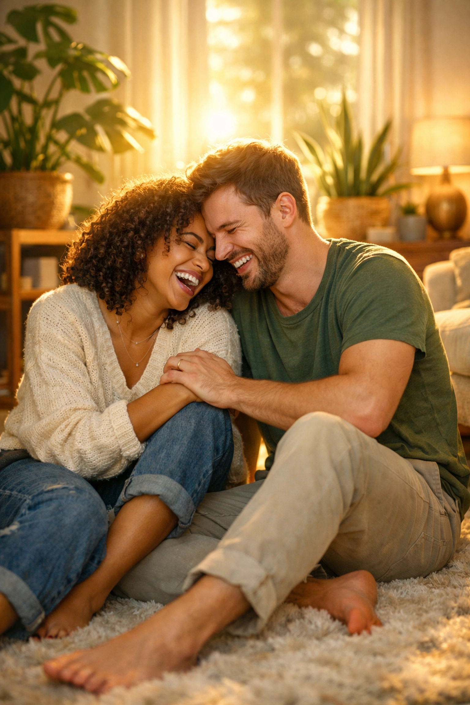 A happy young couple enjoying financial peace of mind in their sun-drenched home after getting covered.