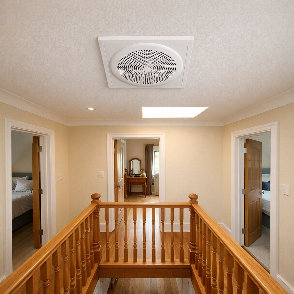 PIV vent correctly positioned in centre of landing ceiling for optimal air circulation