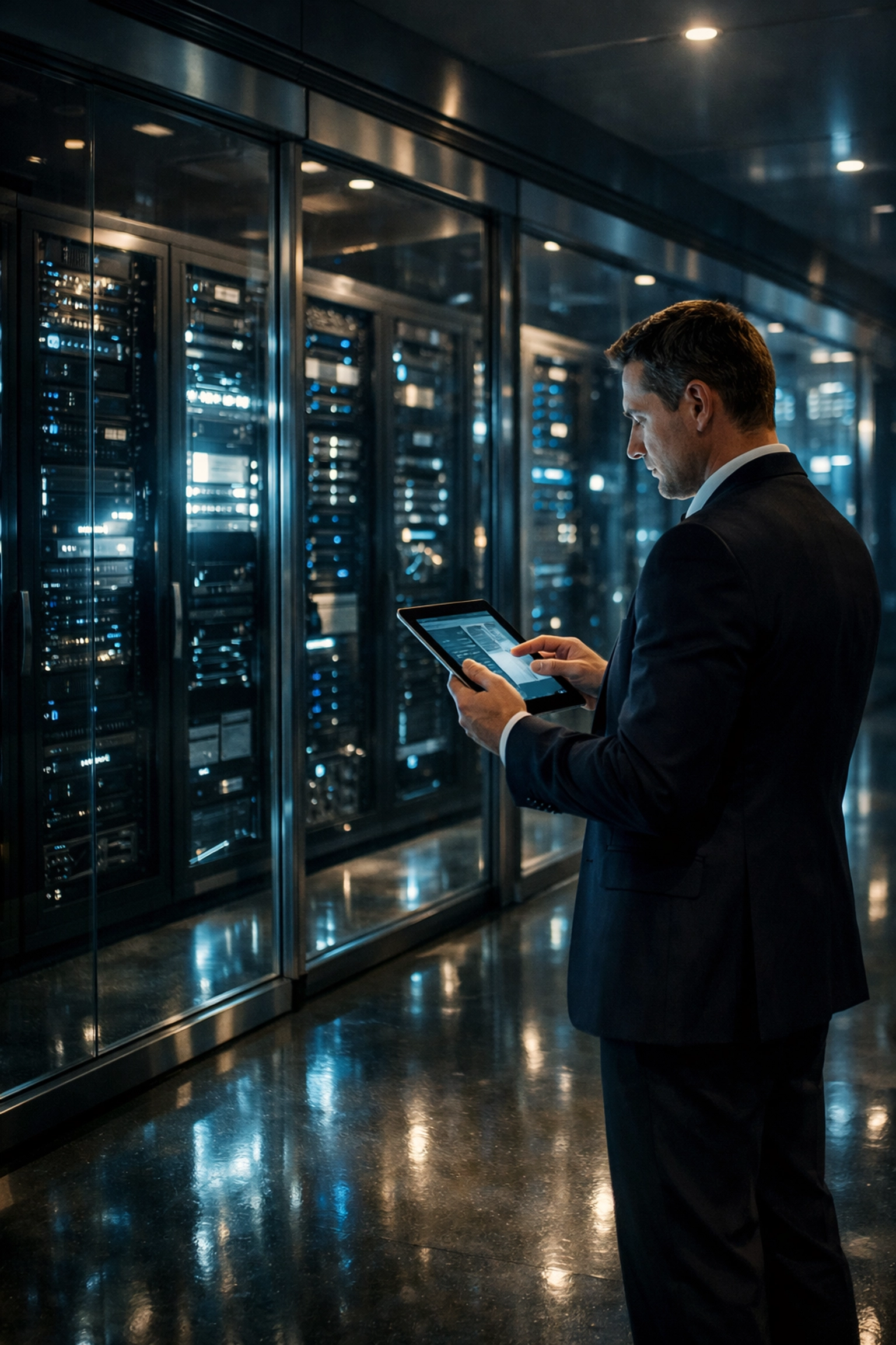 Professional business server room with technician monitoring network stability for high-tier internet service.