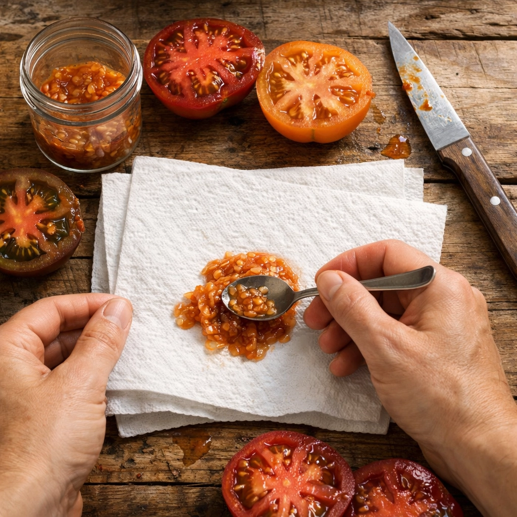 Scooping tomato seeds onto paper towels for the quick drying method