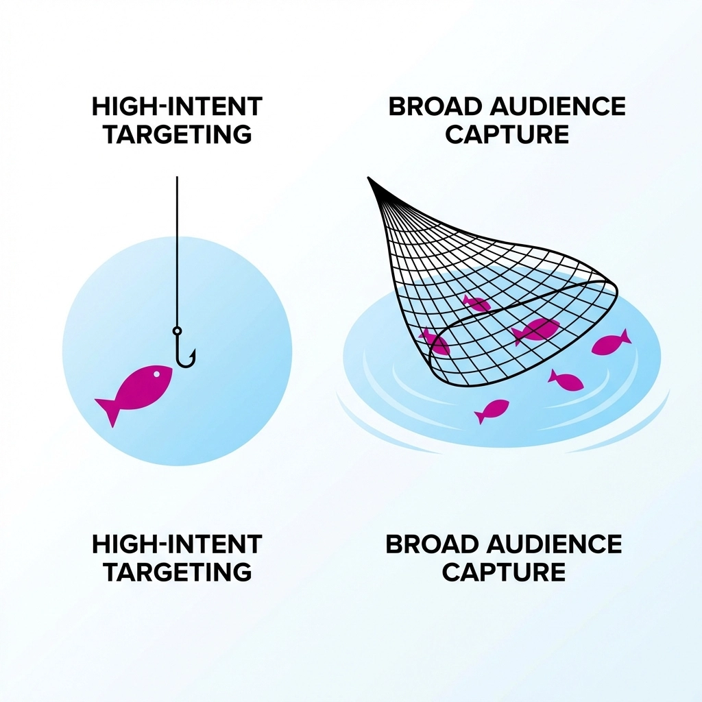 Fishing line versus fishing net illustration comparing Google PPC targeting and social media reach
