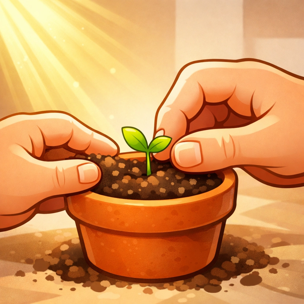 Cartoon hands planting a small sprout to represent starting a new Bible study in Green River WY.