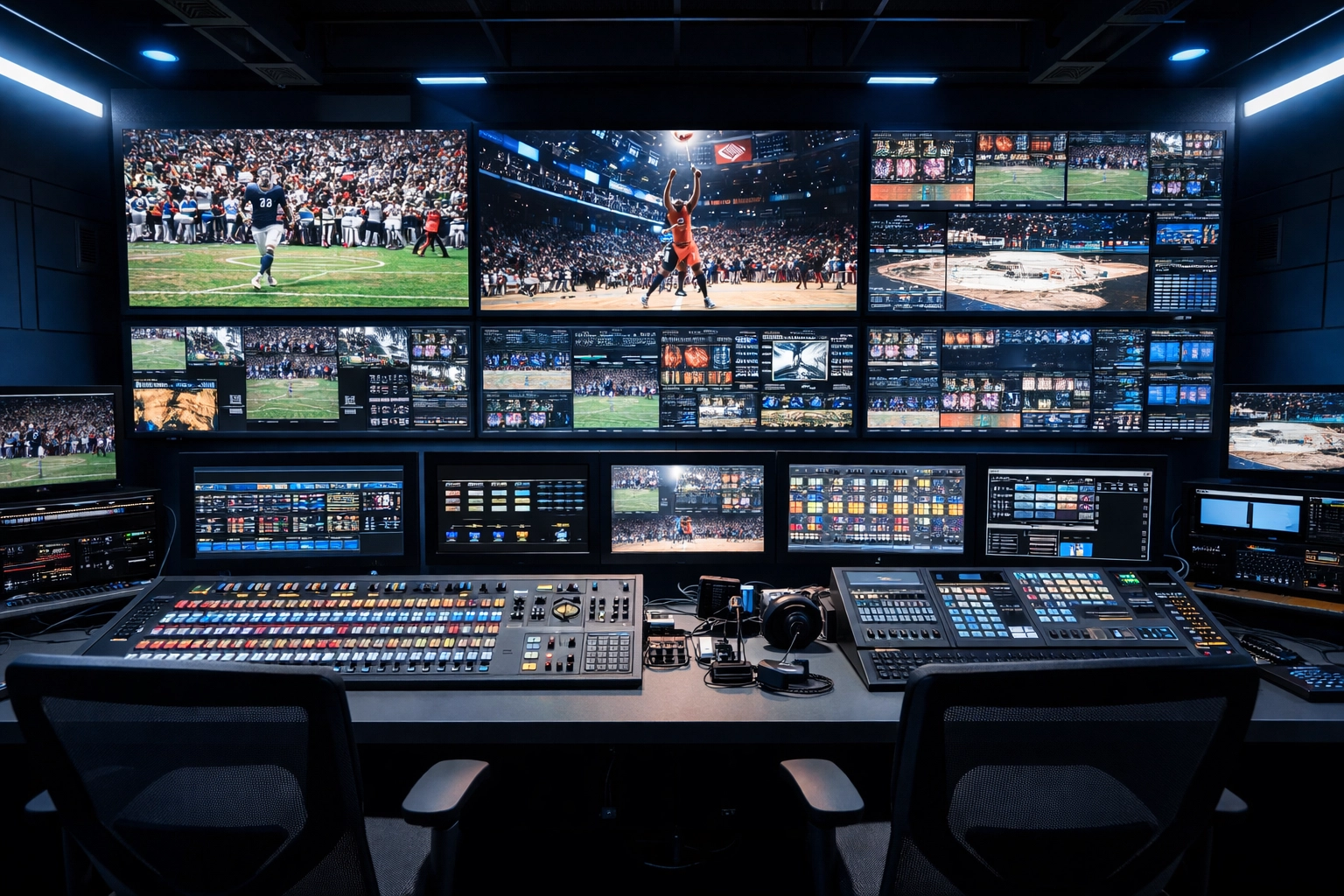 Modern sports broadcasting control room with monitors displaying live games for multi-platform advertising distribution
