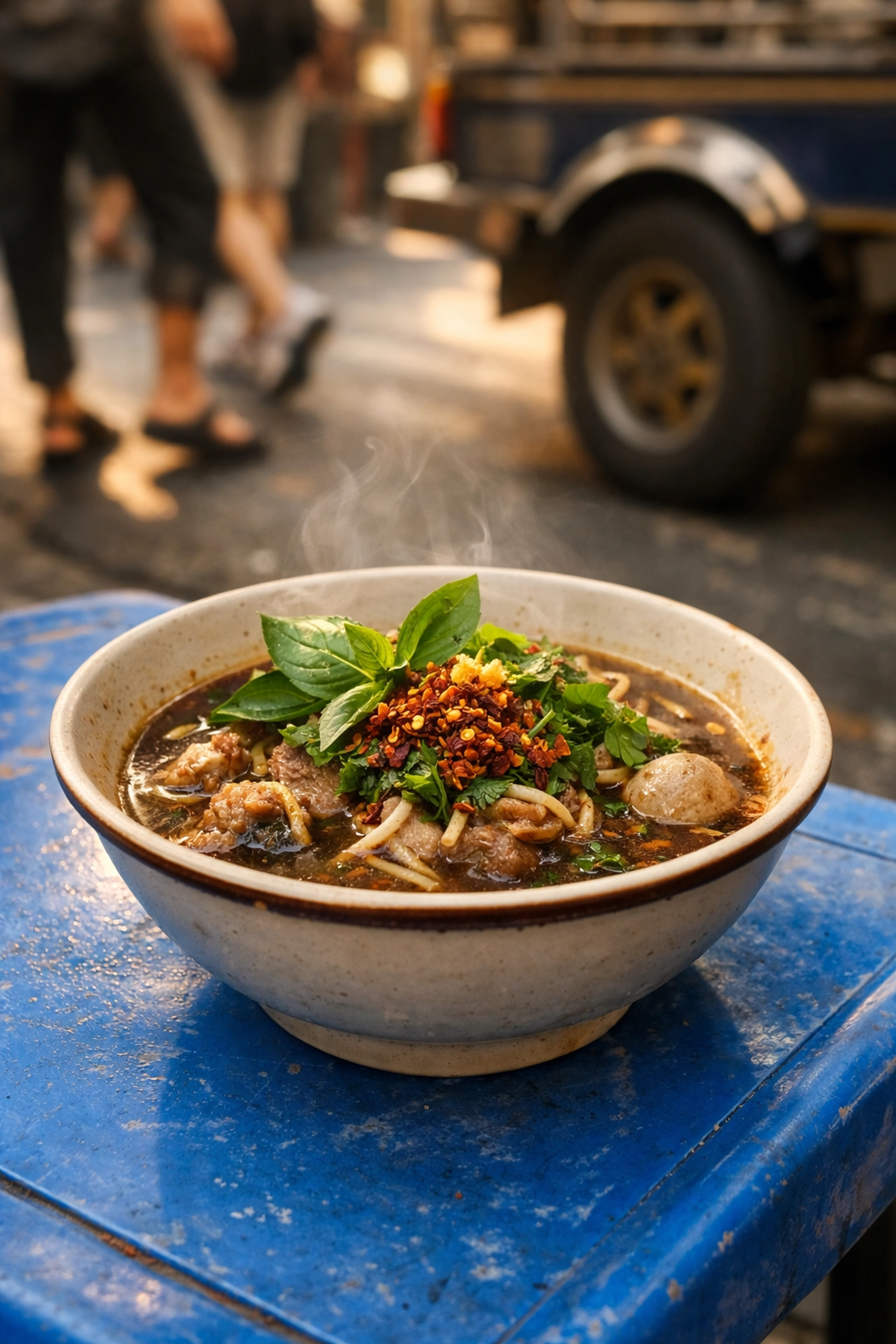 Steaming Thai boat noodles on a blue street table in Bangkok, a top choice for budget travel food.