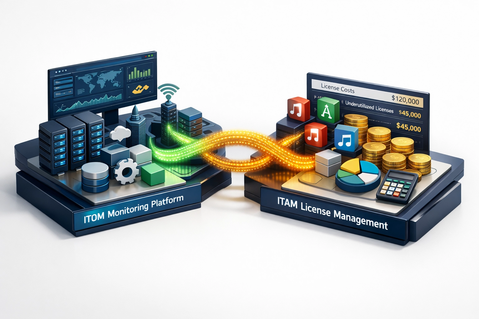 ServiceNow ITOM and ITAM integration visualizing license optimization and cost savings connections