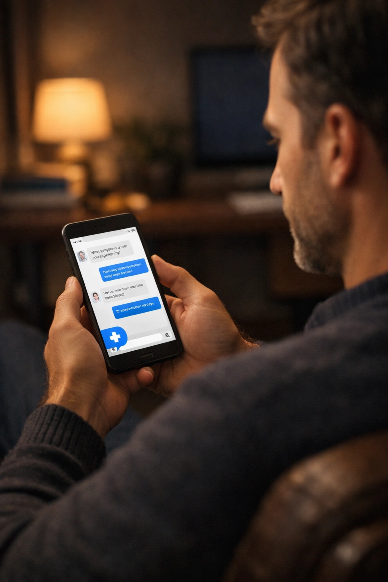 Private medical consultation for ED treatment using a secure text-based chat on a smartphone at home.