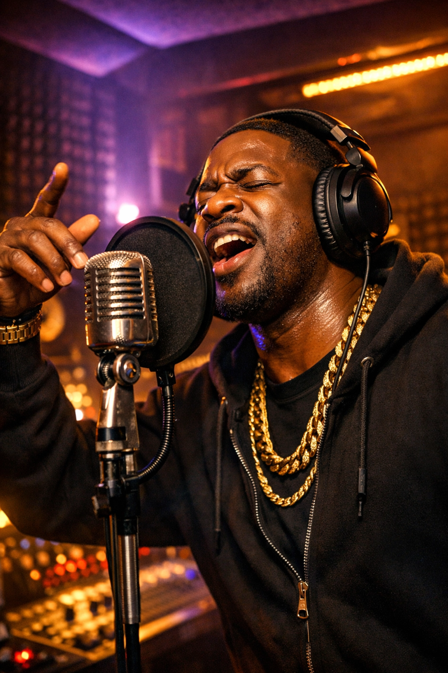 Hip hop artist recording in professional studio with microphone and headphones for internet radio