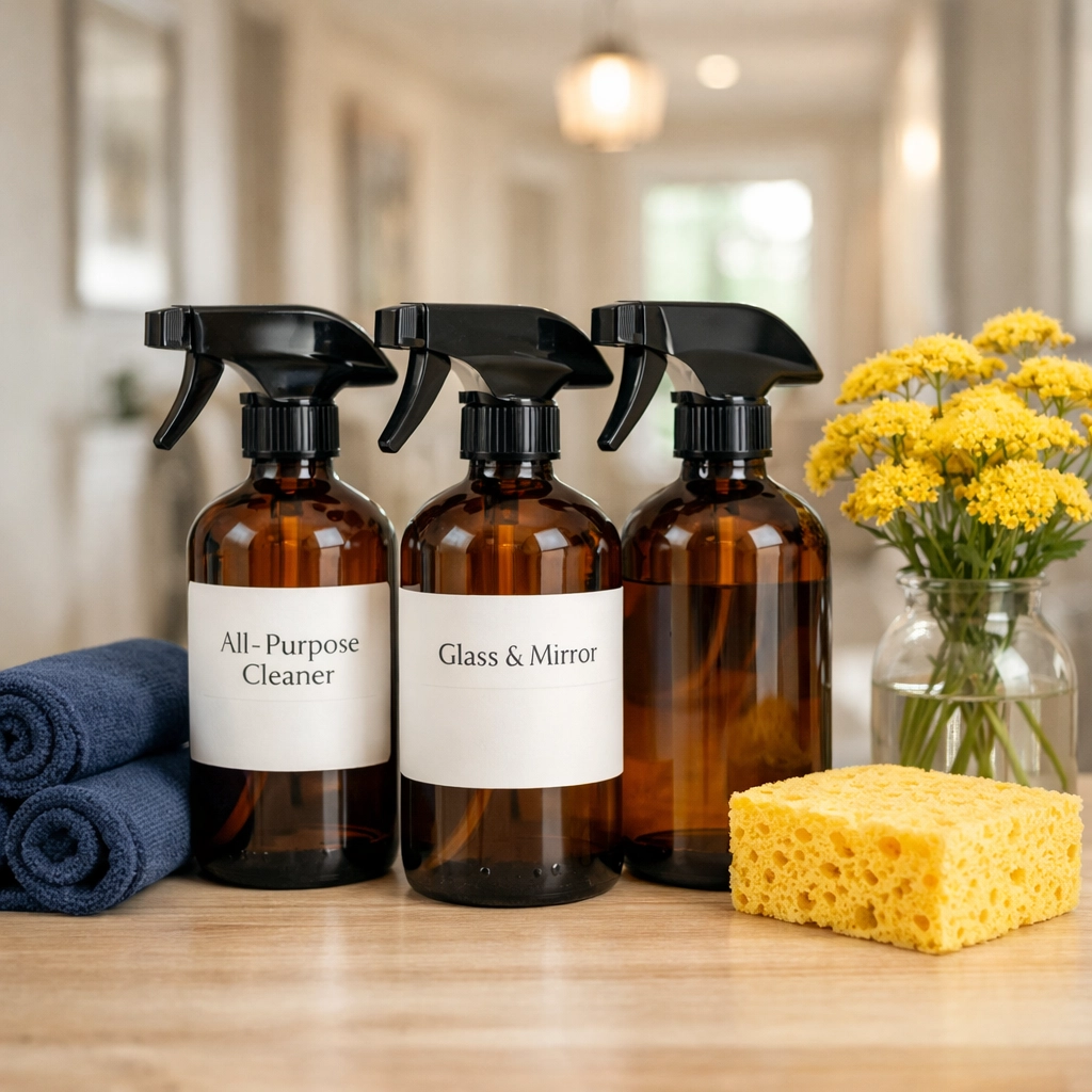 Eco-friendly cleaning supplies and microfiber cloths used for move-out cleaning Worcester jobs.