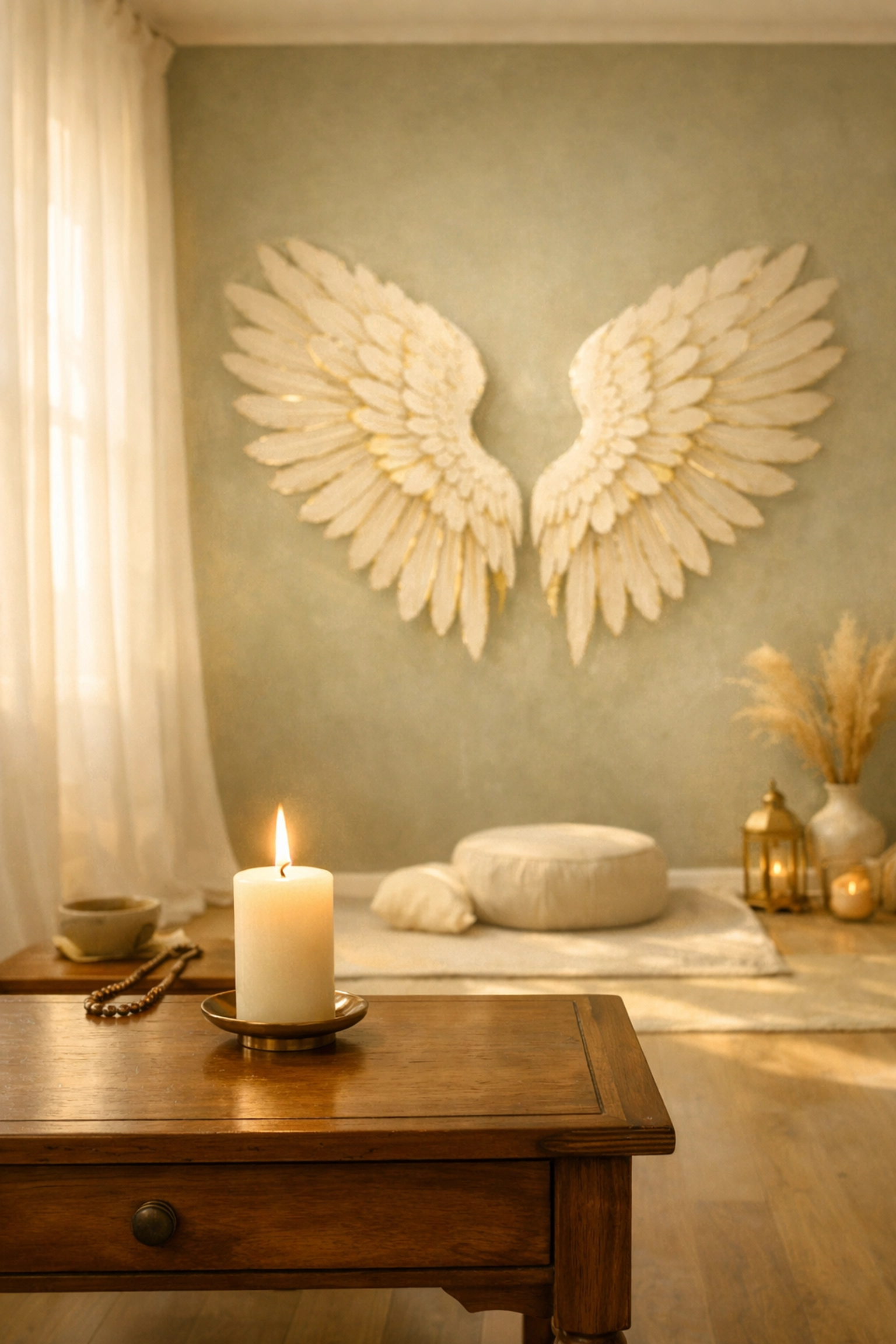 Peaceful spiritual meditation space for psychic medium readings with candle and angel wings