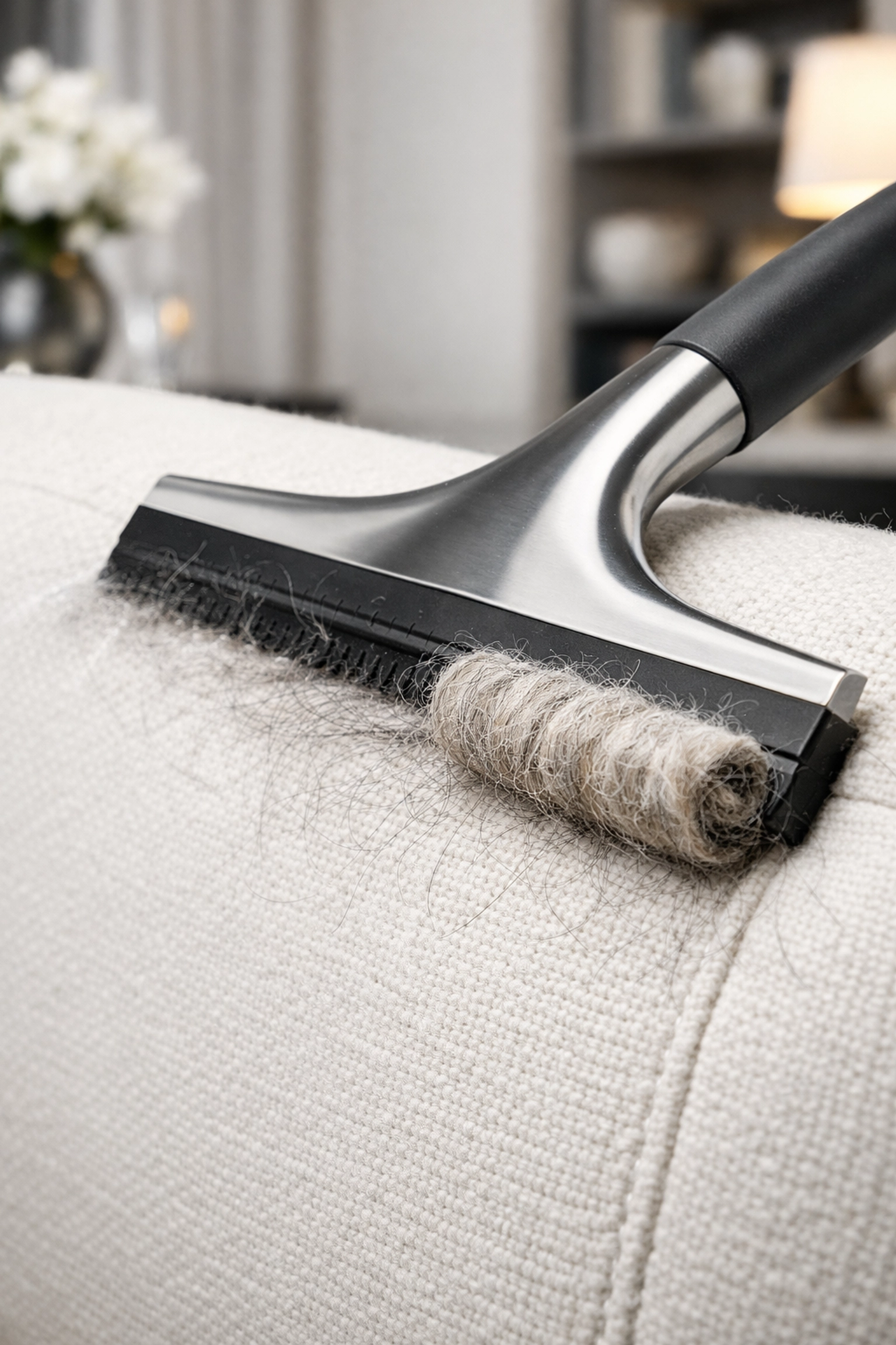Removing pet hair from a white fabric sofa using a rubber squeegee to gather fur into a roll.