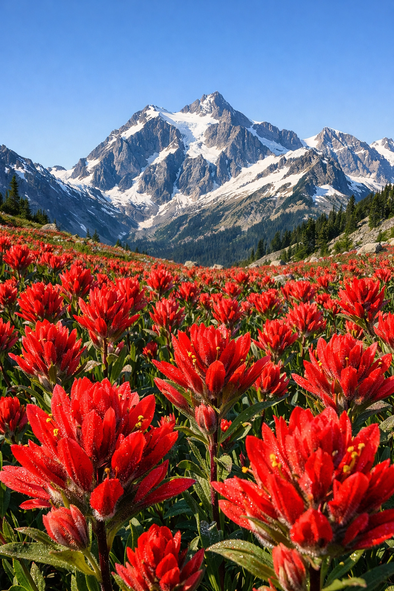 Wildflowers and distant mountains in sharp focus, using landscape photography tips for maximum depth of field.