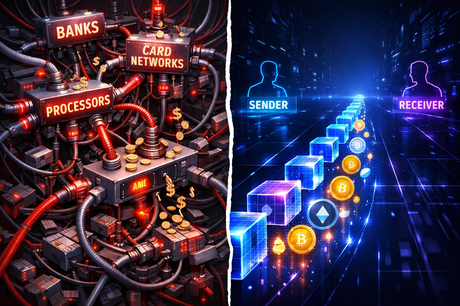 Traditional payment network complexity versus direct Web3 blockchain settlement reducing merchant fees