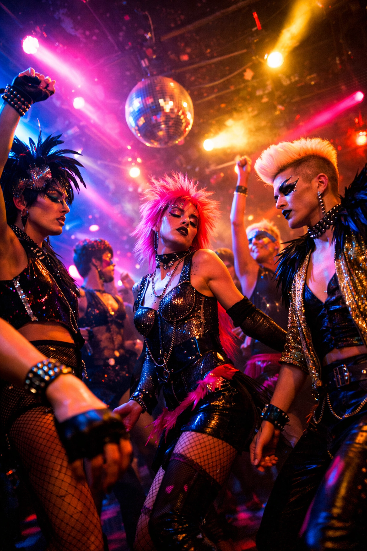 1980s Club Kids dancing in NYC nightclub with extravagant costumes and neon lights