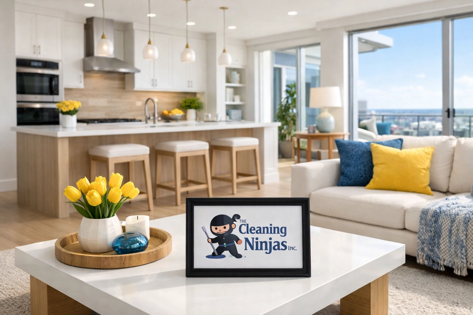 Immaculate open-concept penthouse at midday, showcasing the results of a professional weekly house cleaning schedule.