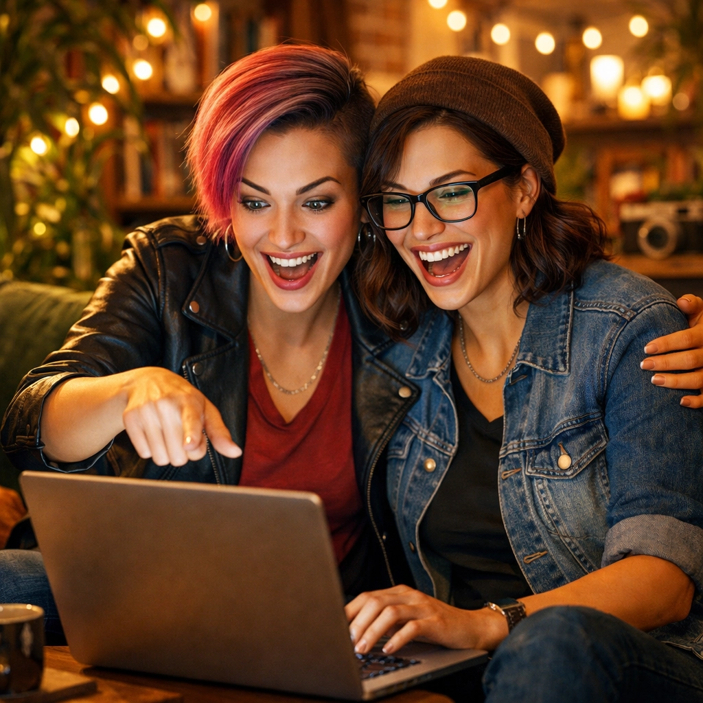 Two lesbian authors joyfully launching their latest book using professional LGBTQ+ publishing tools on a laptop.