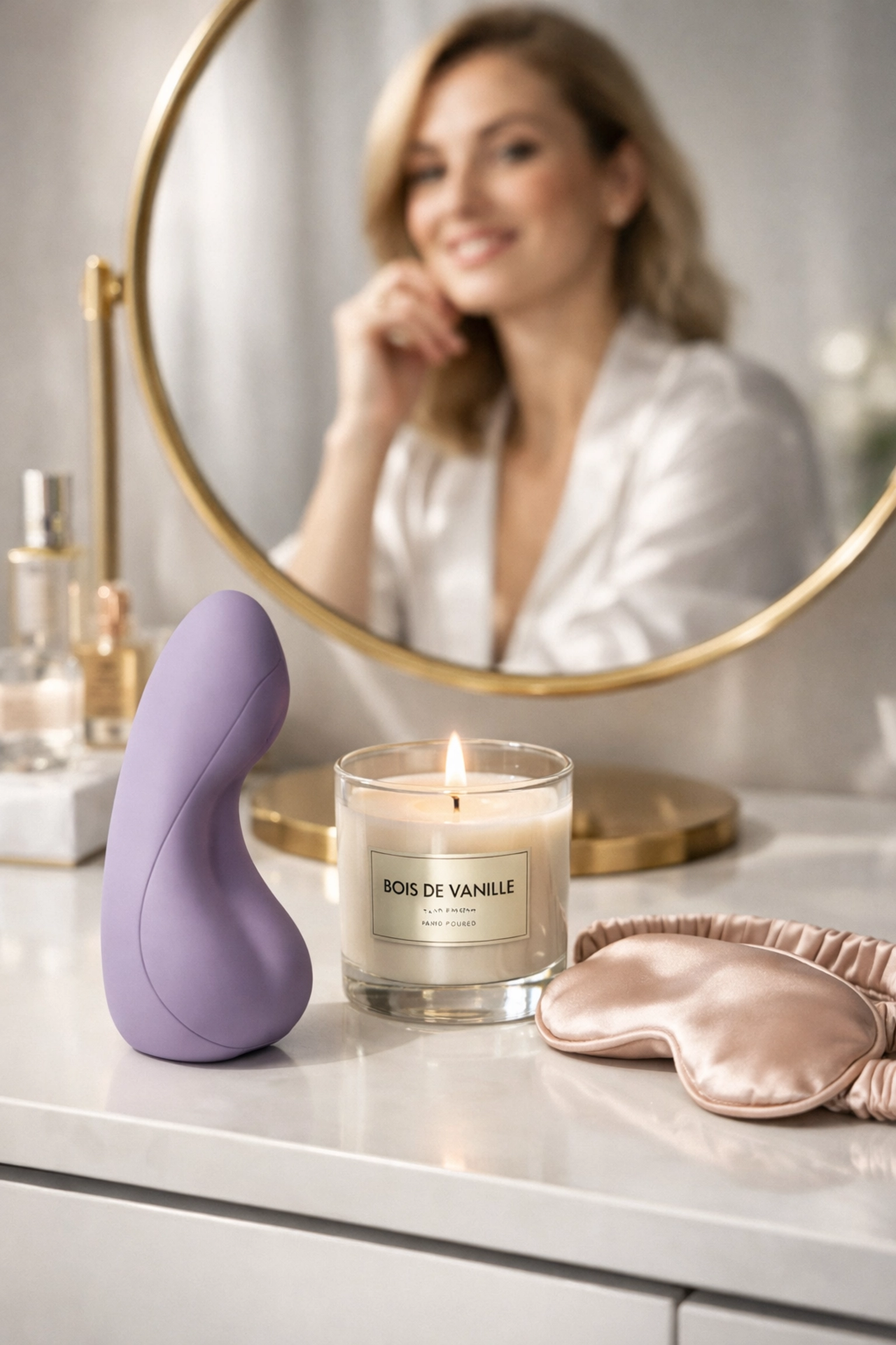 Modern vanity with a wellness accessory and eye mask, encouraging personal sexual wellness and confidence.