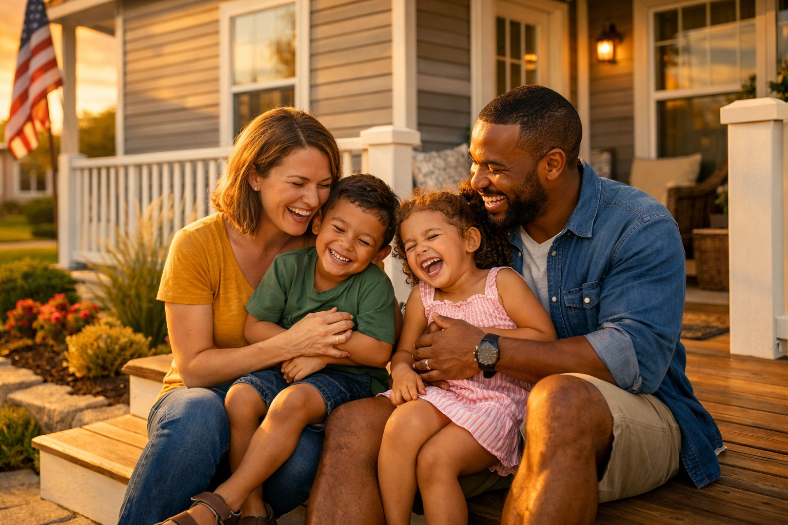 A happy family on the porch of their high-quality, modern manufactured home in a Crosby, Texas neighborhood.