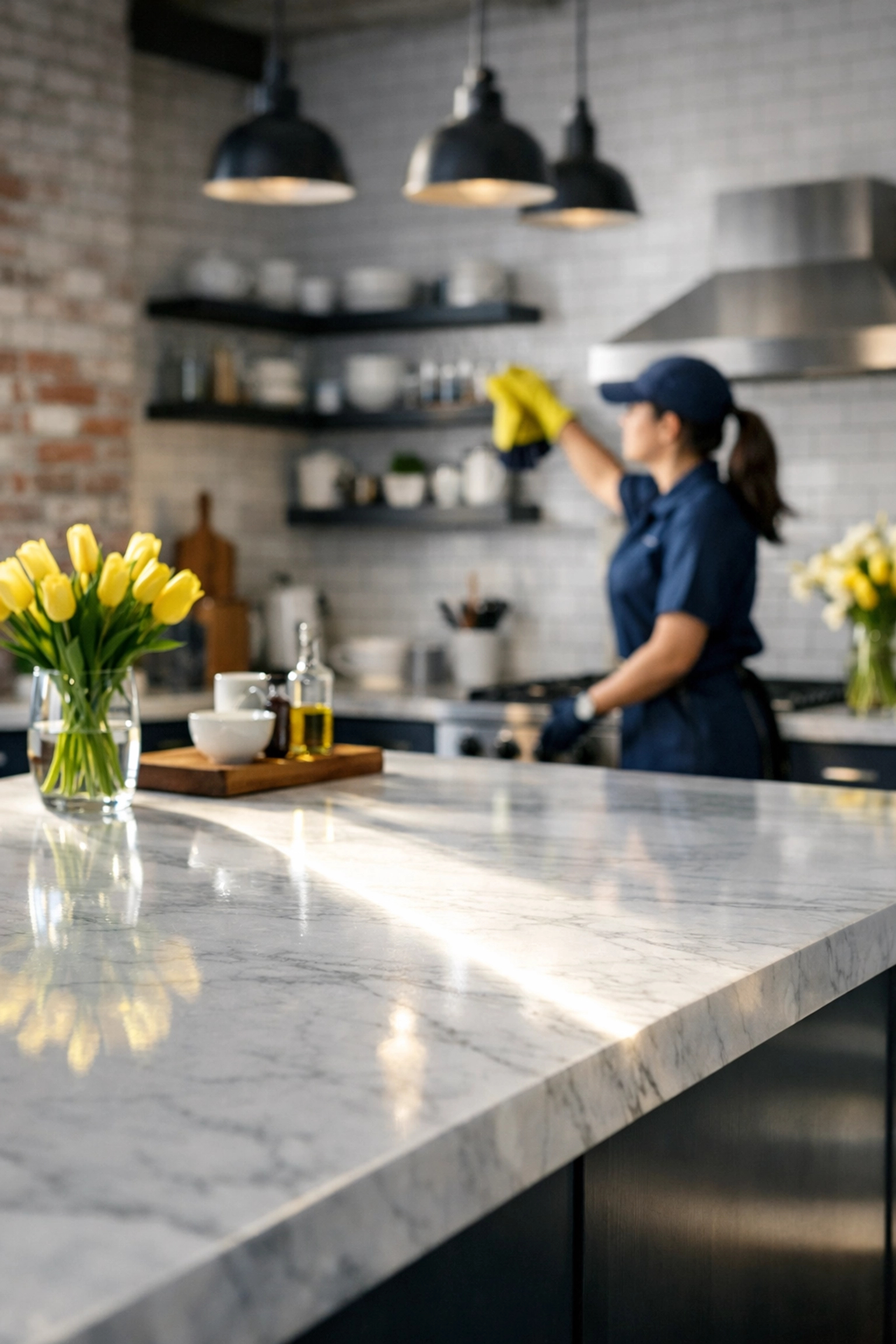 Polished marble kitchen island after professional house cleaning in Lowell, MA for a luxury loft.