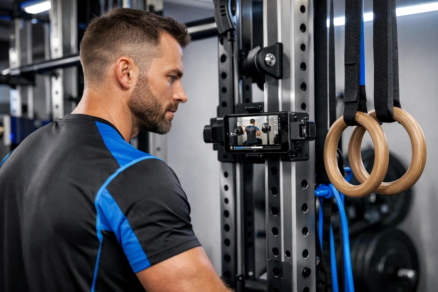 Athlete reviewing exercise form in a versatile home gym featuring a pull up bar alternative rail system.
