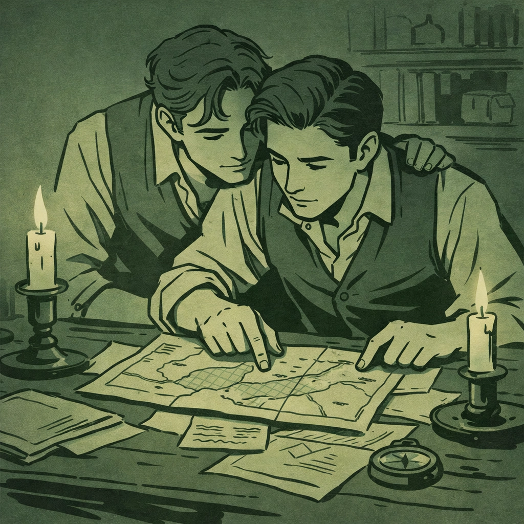 Two men examining maps by candlelight in gay mystery romance novel scene