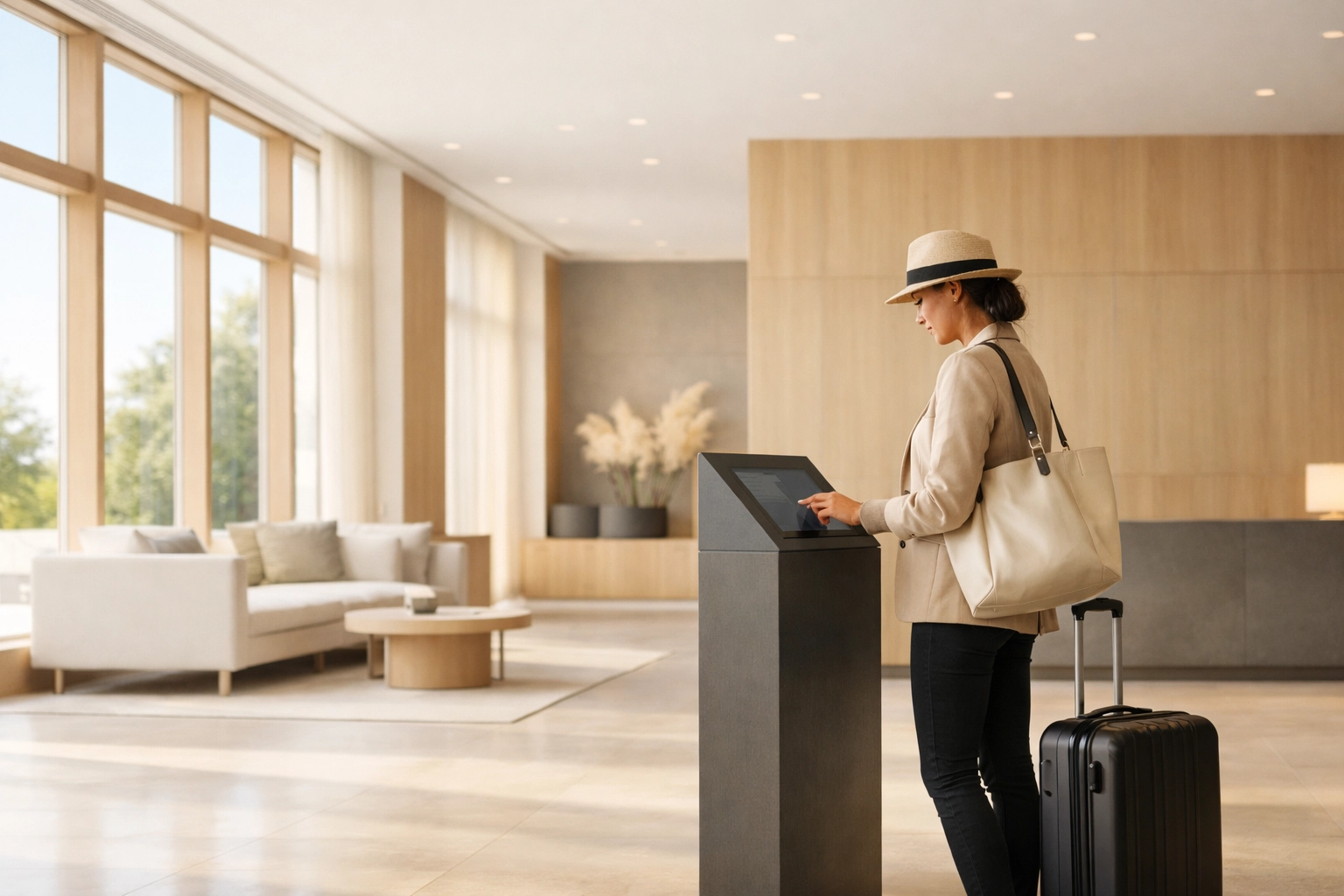 Guest using a self-check-in kiosk in a minimalist lobby for a seamless and automated guest experience.