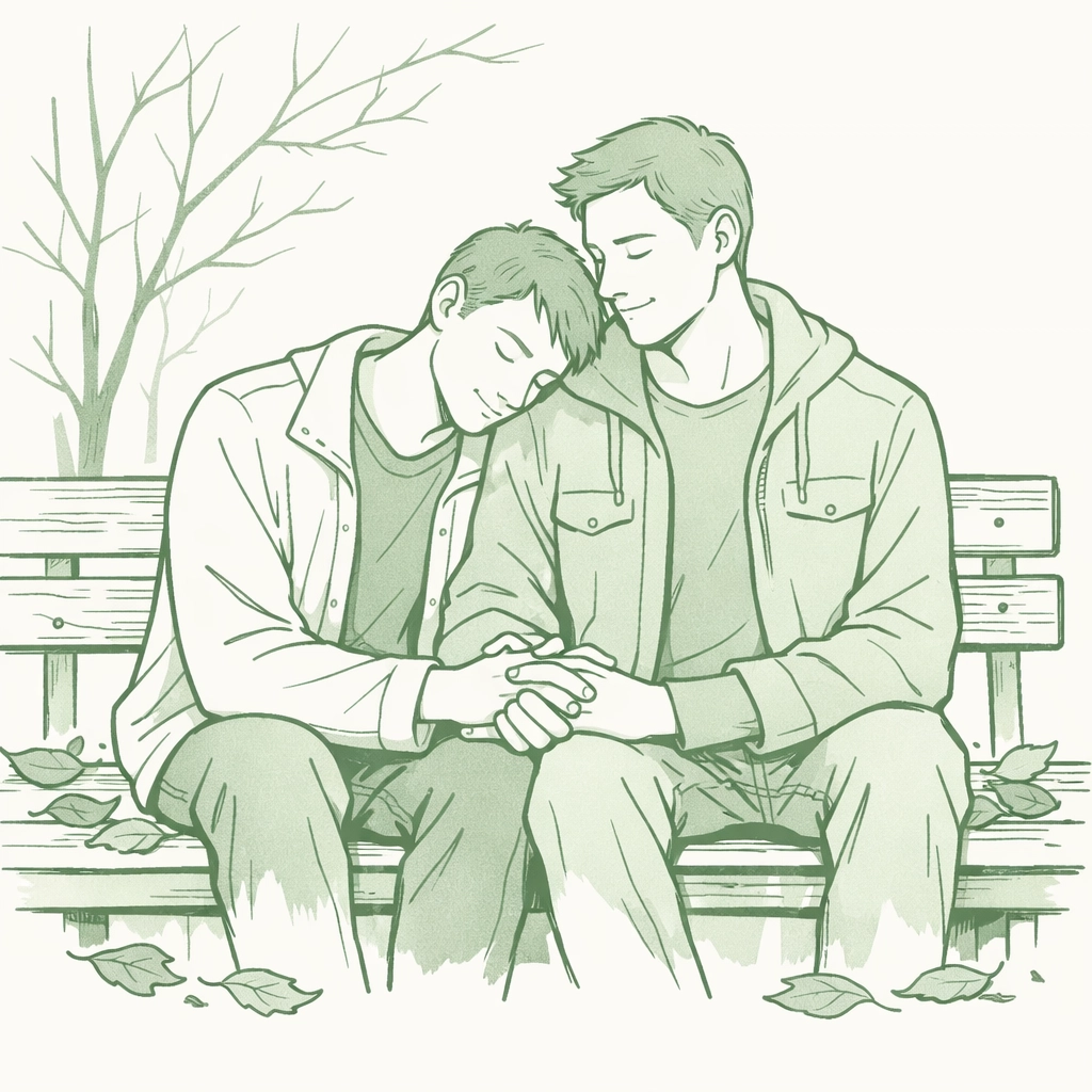 Two men comfort each other on autumn bench - MM romance healing and emotional connection