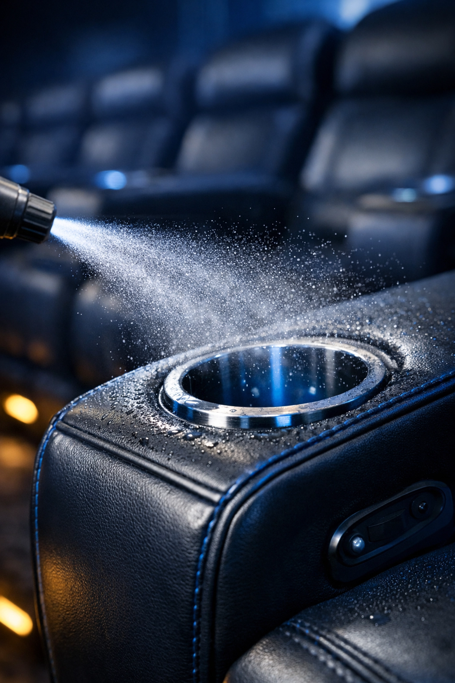 Professional sanitizing spray being applied to a cinema seat armrest and cup holder.