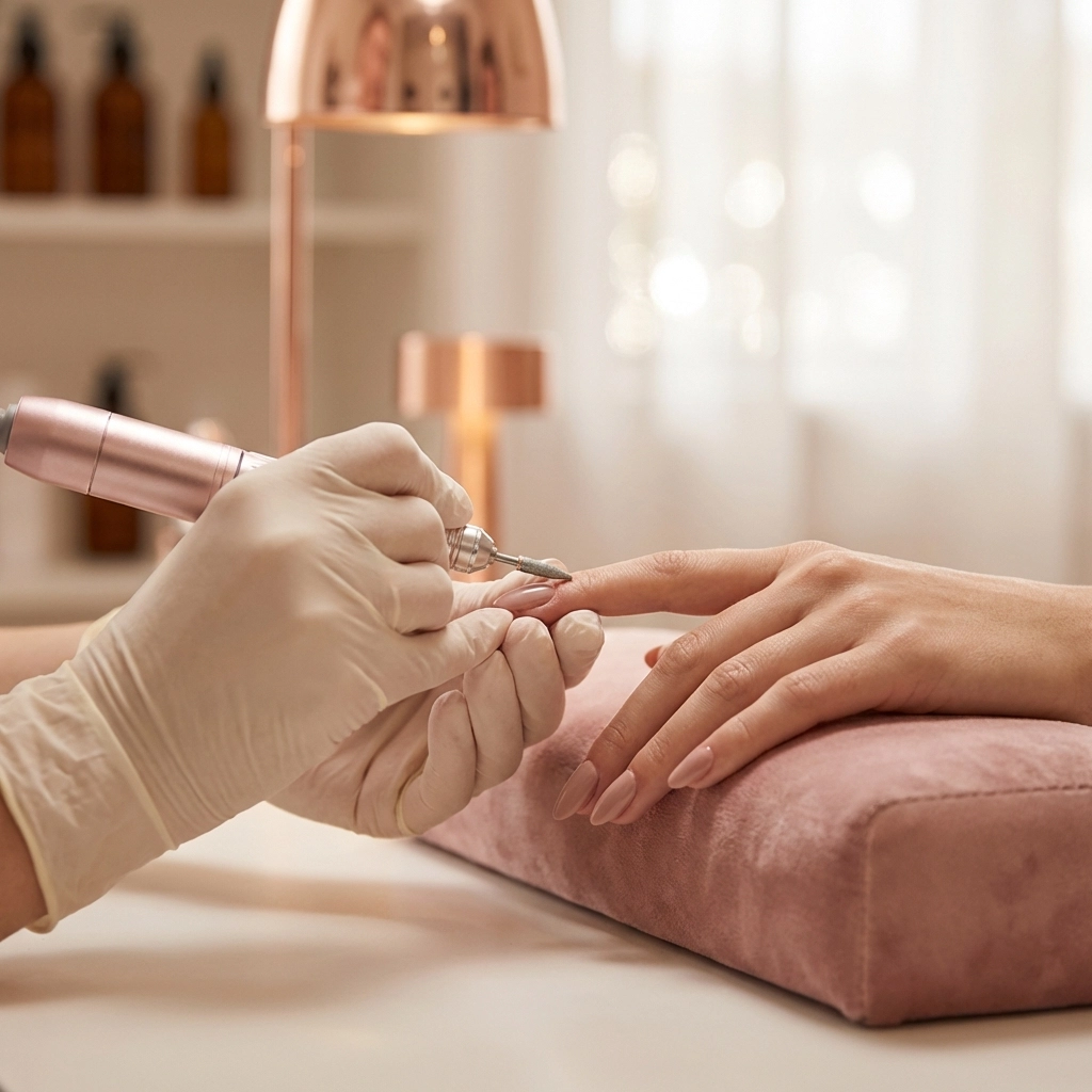 Close-up of a Russian manicure in a luxury Norwood salon, highlighting expert cuticle care and elegant nail styling.