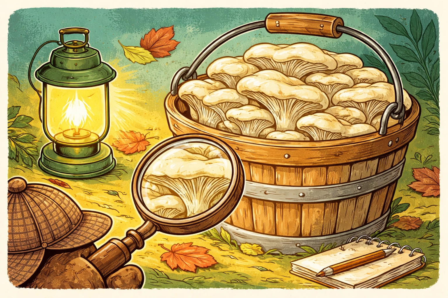 A whimsical 1950s-style storybook detective inspecting pale oyster mushroom caps near a small lamp, illustrating a light-related troubleshooting sign.