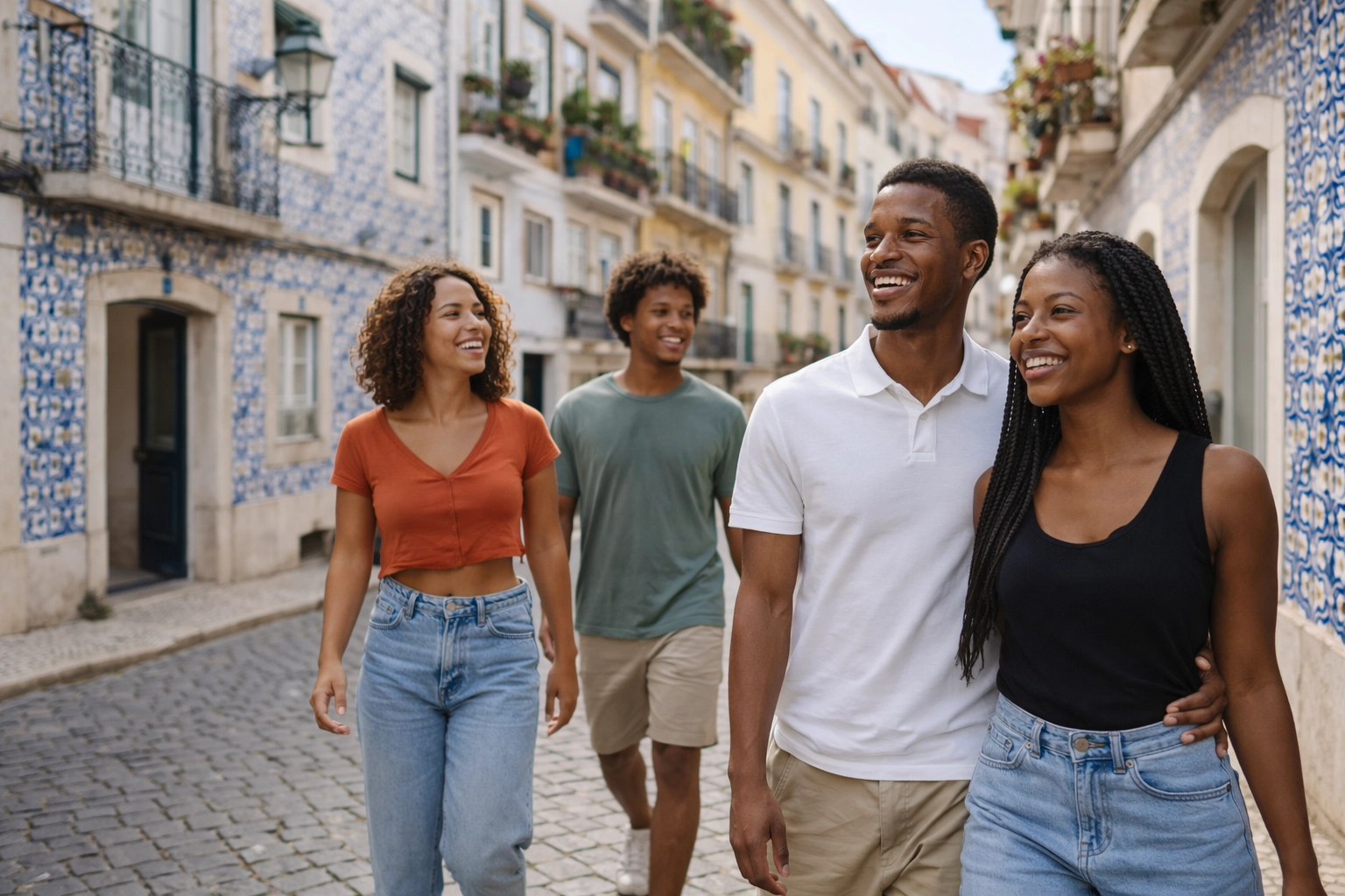 Jovens cabo-verdianos integrados a caminhar numa rua típica em Portugal, num momento quotidiano e inspirador.