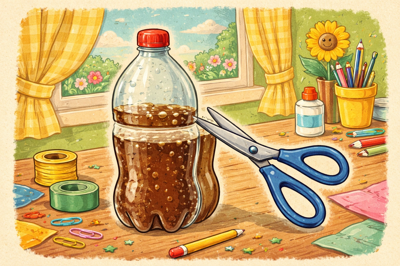 Whimsical 1950s storybook illustration of a 2-liter soda bottle being cut in half to create a DIY hydroponic garden