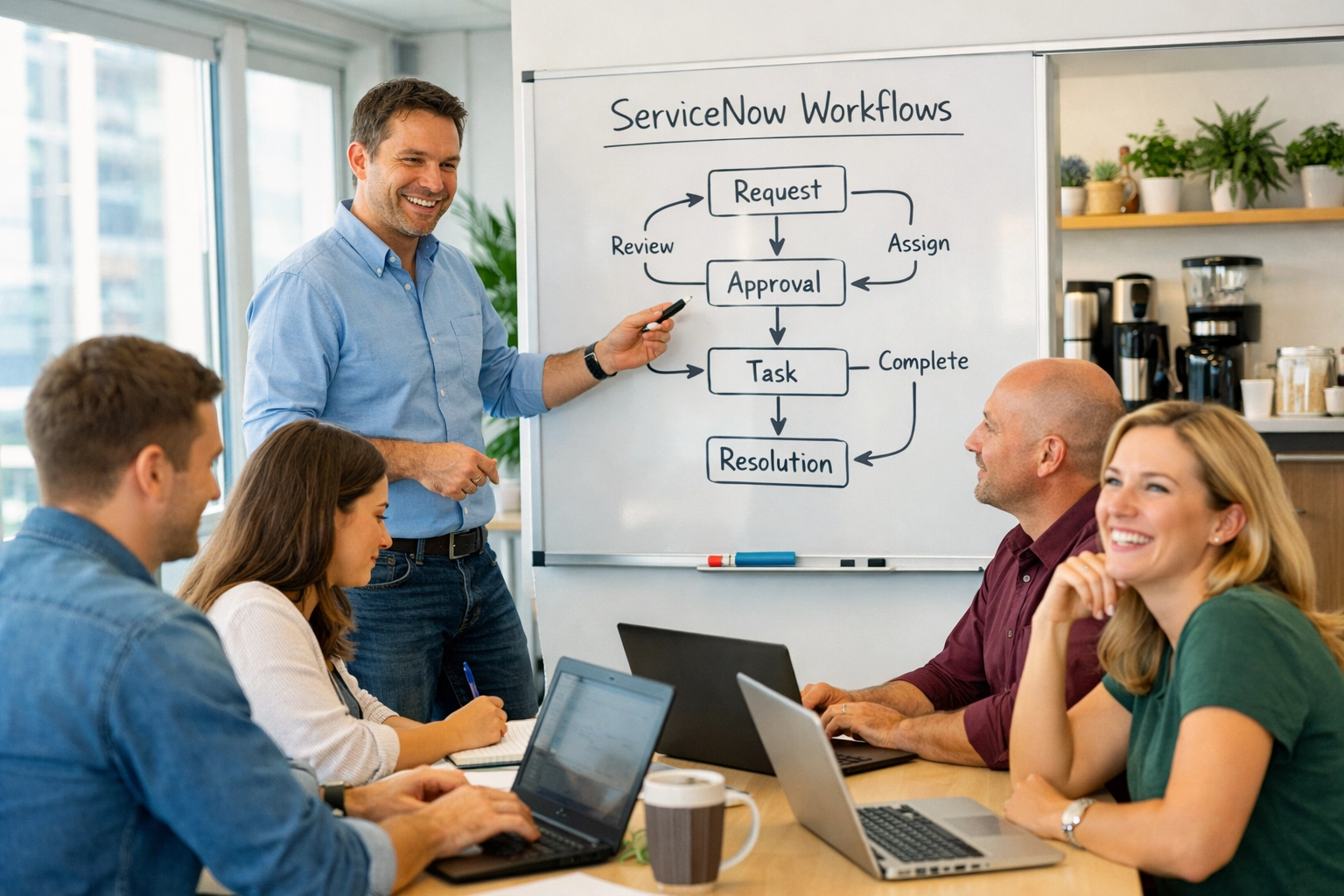 ServiceNow training session with instructor teaching ITSM workflows to employees